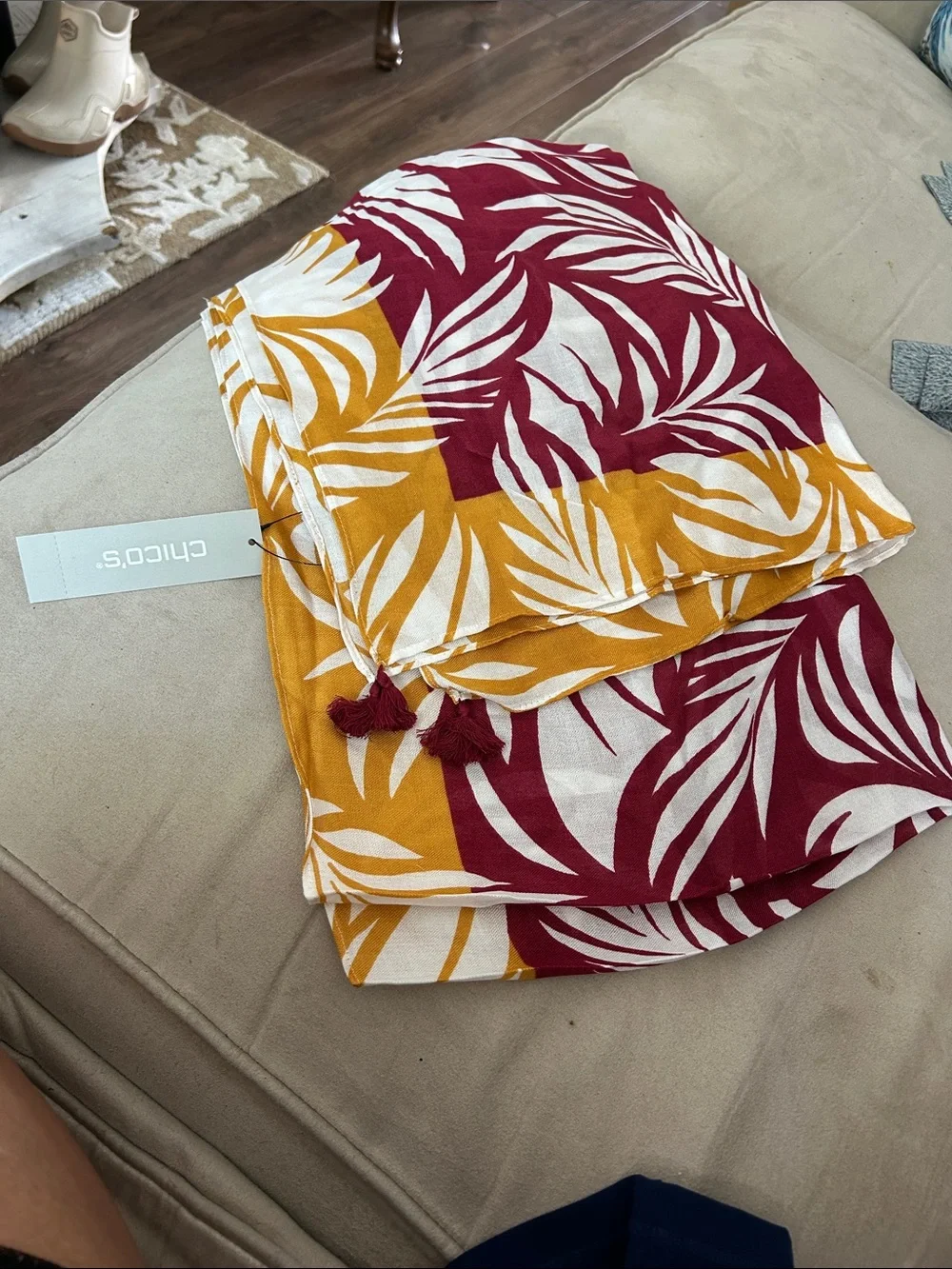 Chico's Mustard and Burgundy Leaf Print Tassel Scarf